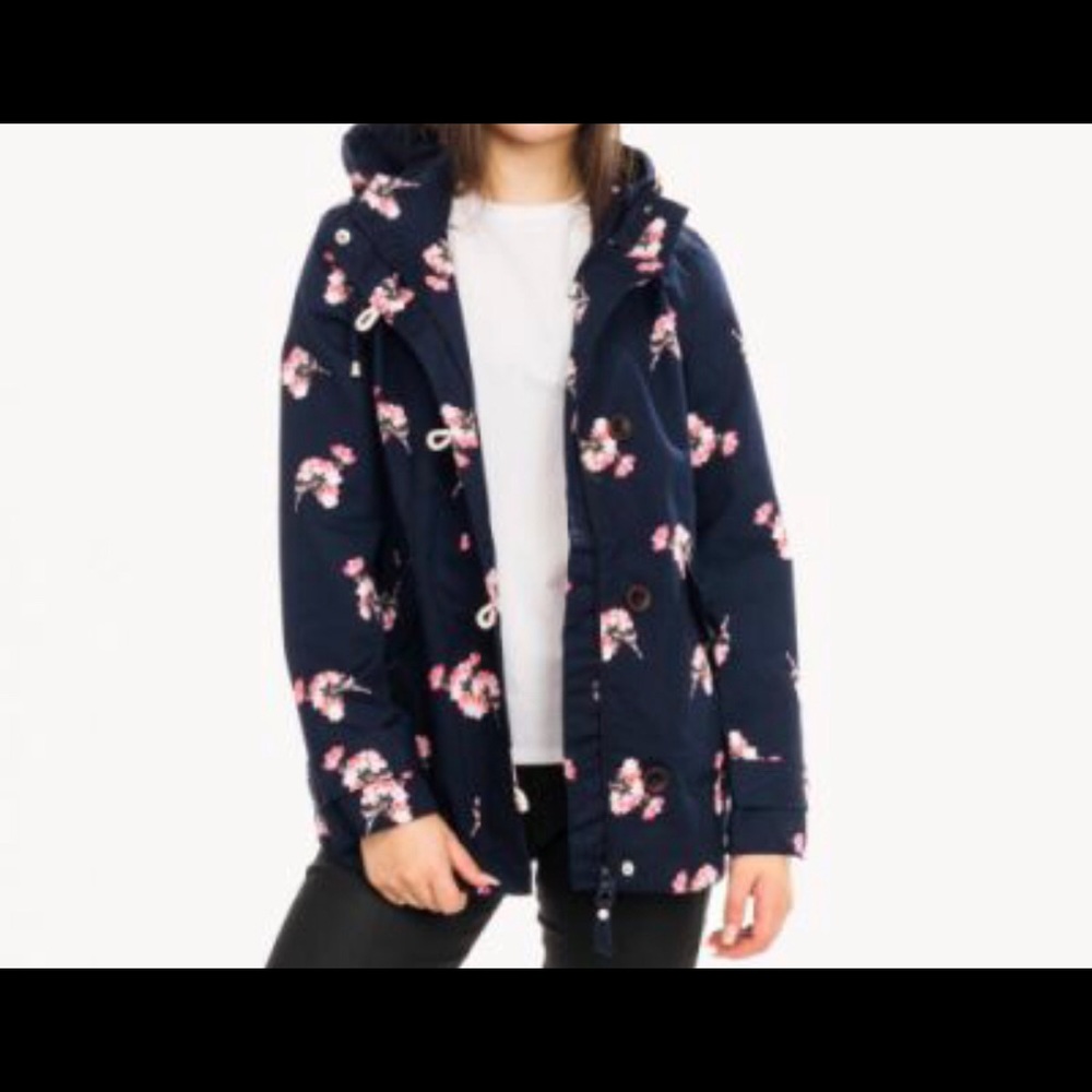 Joules Navy Floral Hooded Trench Coat
